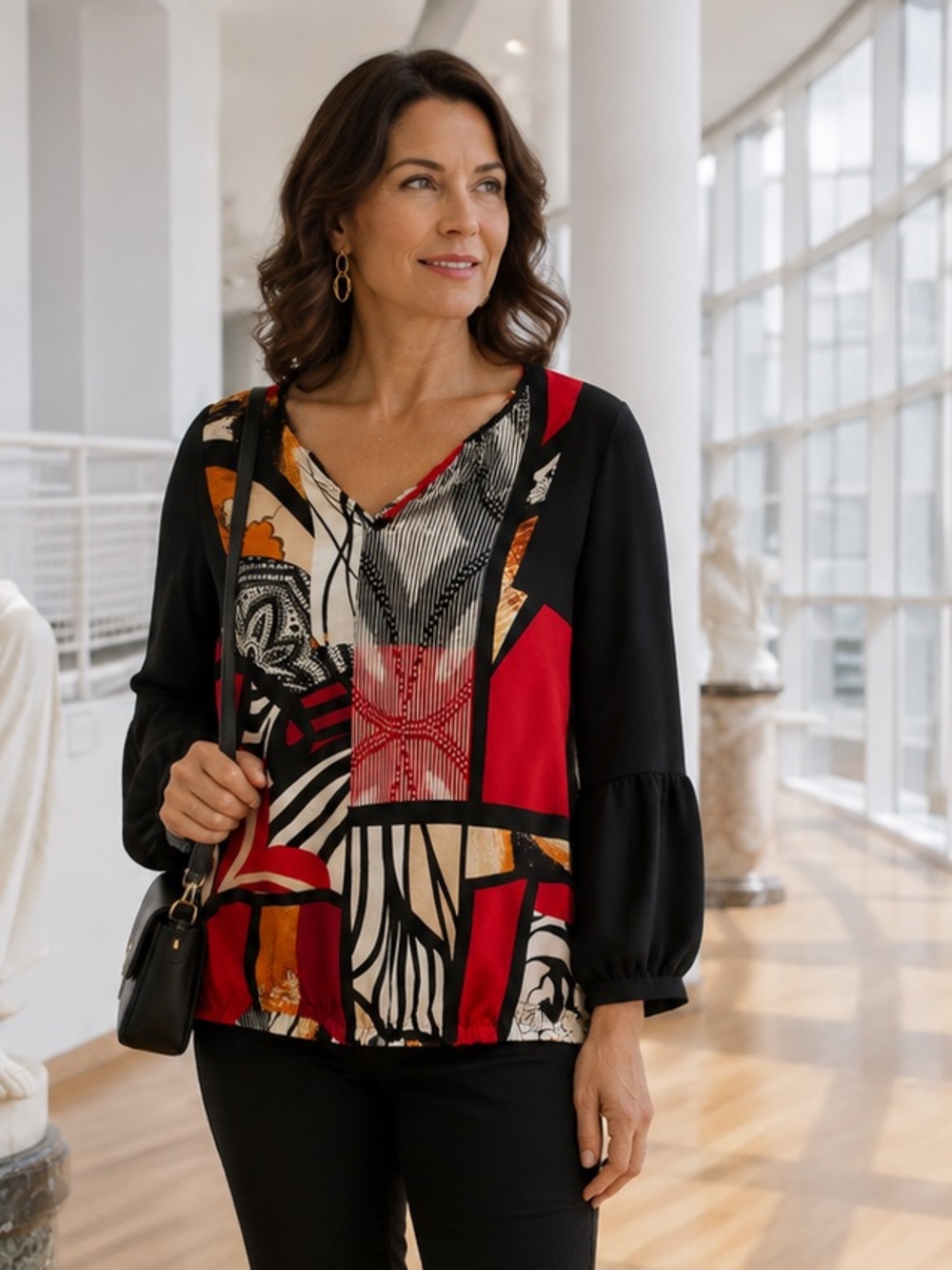 Chico's Size 1 M 8 Art to Wear Abstract Mixed Print Blouse Red‎ Black Orange
